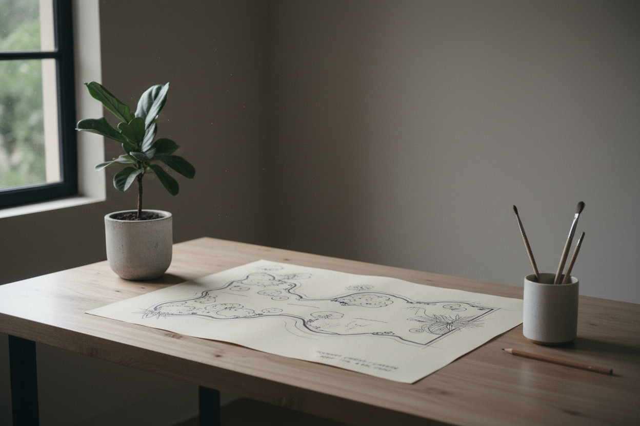 Minimal desk with plant layout sketch representing garden design consultation