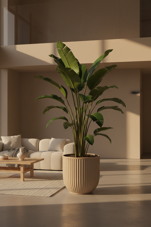 Bird of Paradise Strelitzia en maceta acanalada arena, interior moderno con luz dorada