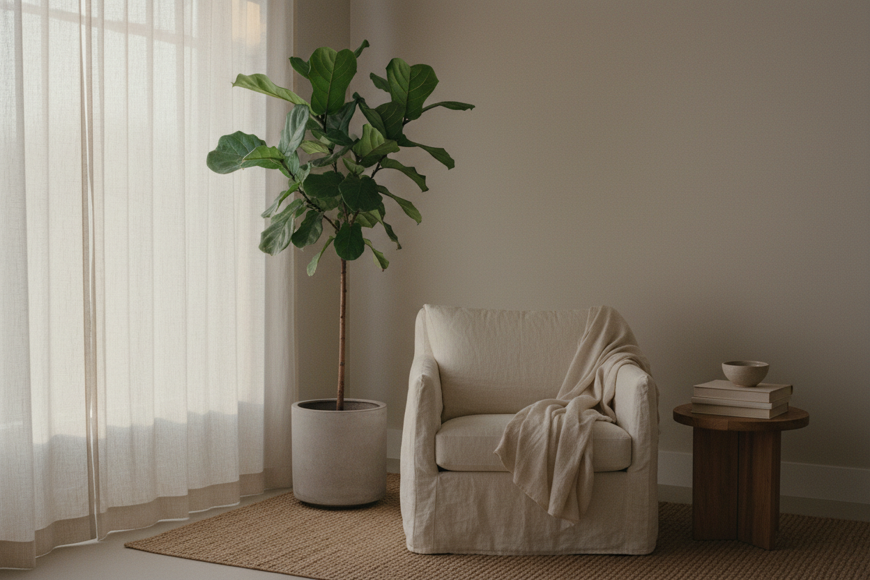 Styled minimal interior corner with sculptural plant representing space styling service