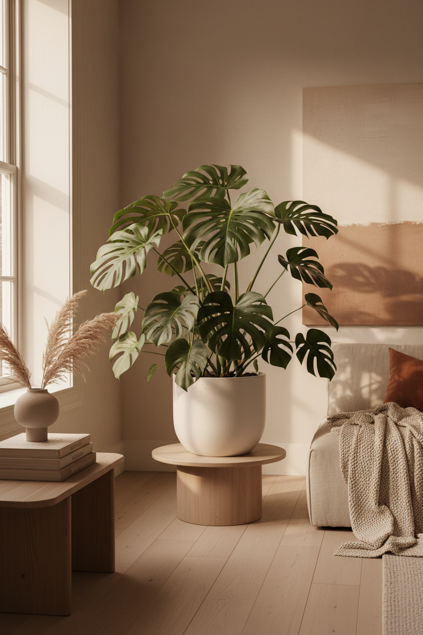 Monstera Deliciosa en maceta blanca mate, interior minimalista con luz natural
