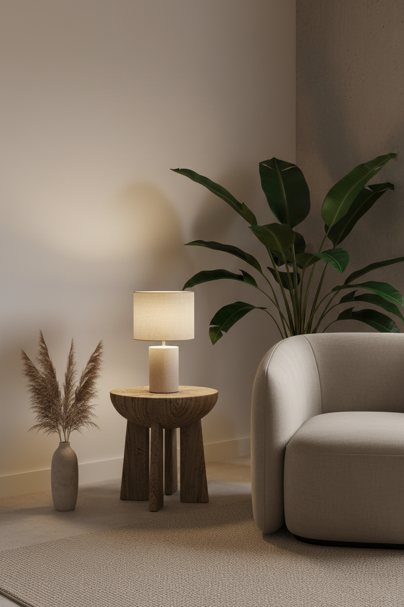 Lámpara de ambiente cálida junto a planta tropical, interior minimalista moderno
