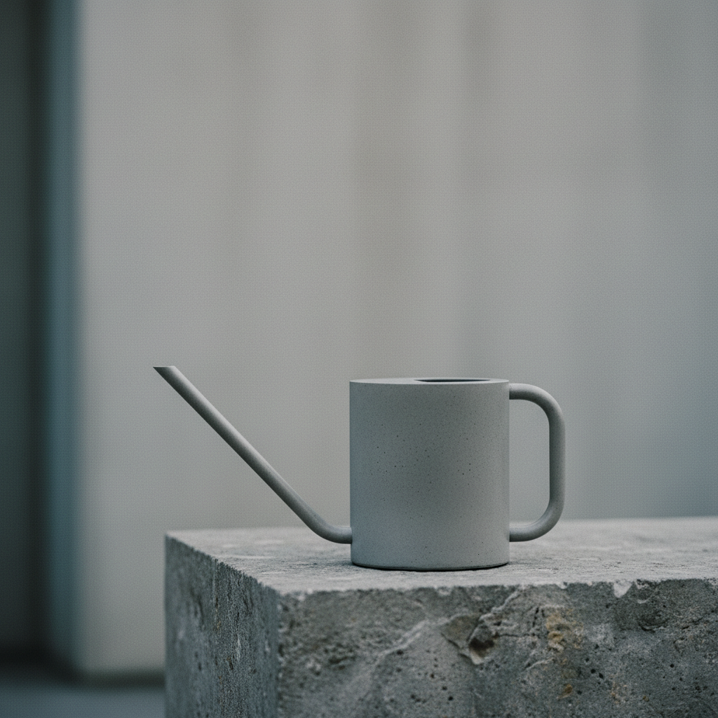 Minimalist matte watering can on raw stone surface