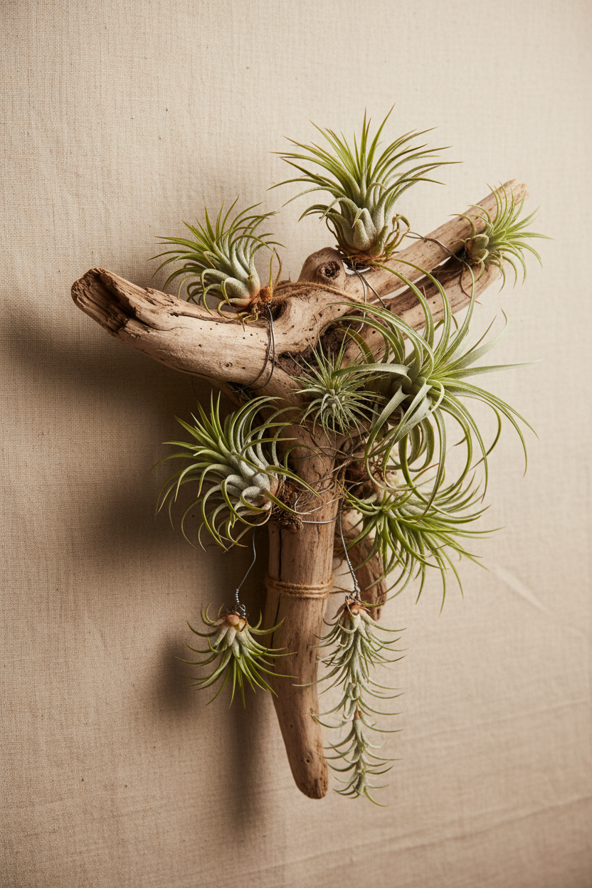 Tillandsias montadas en madera de deriva, display escultórico minimalista sobre fondo neutro